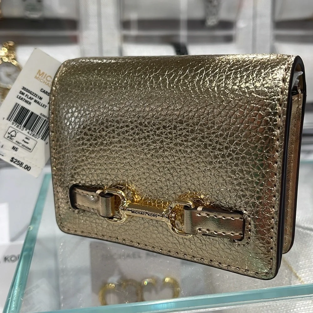 MICHAEL KORS Carson Small Metallic Pebbled Leather Wallet Pale Gold  NWT